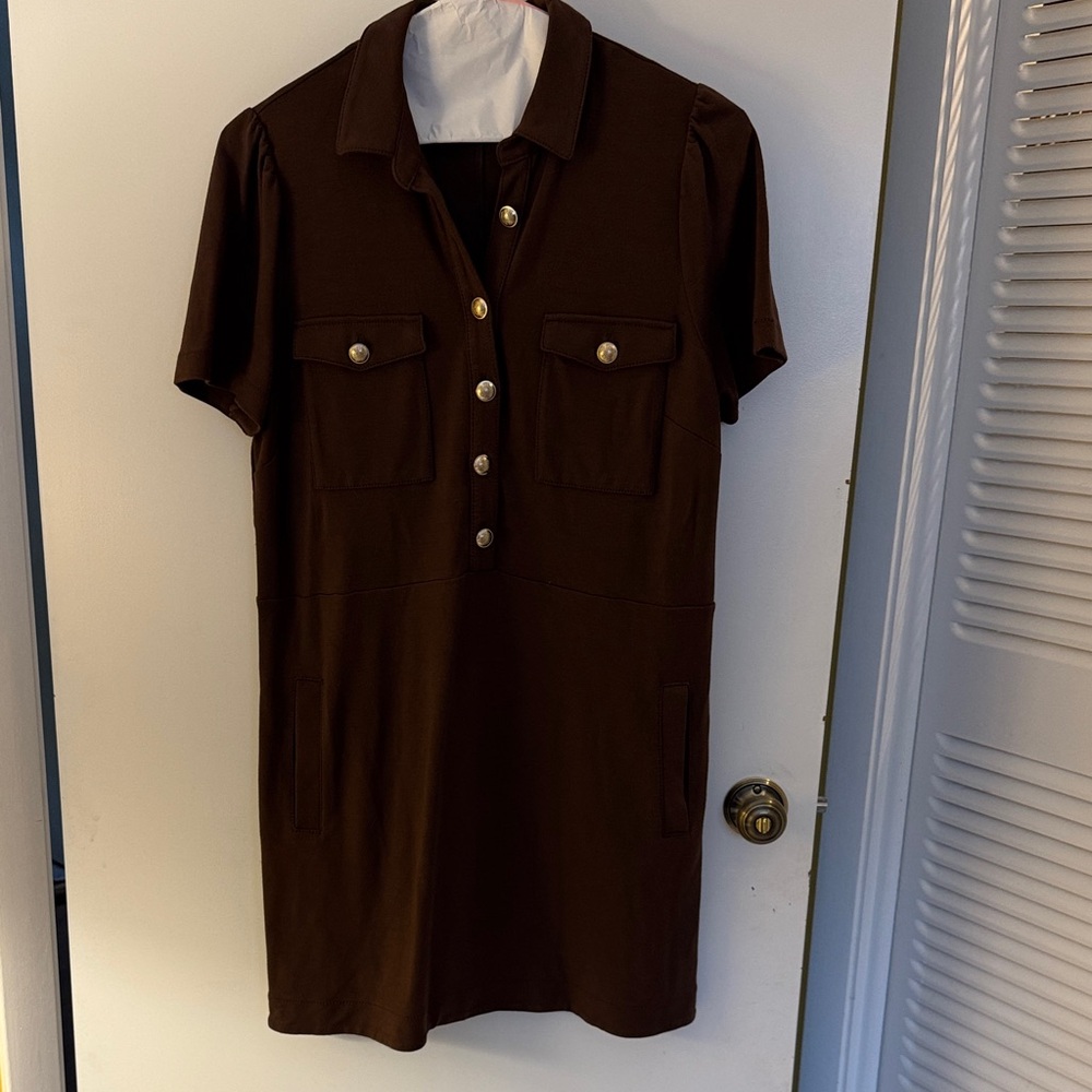 Brown Short Sleeve Button-Up Mini Knit Shirt Dress